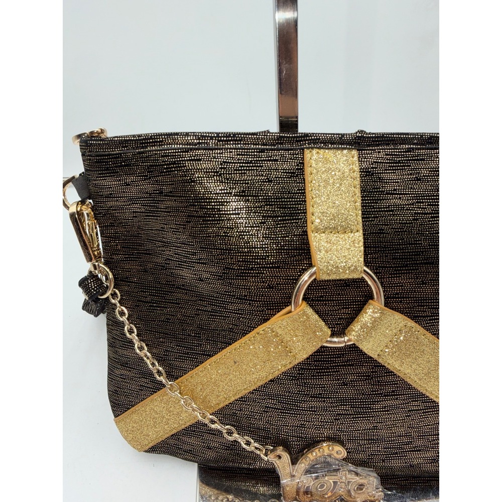 Vieta Metallic Gold Black Shimmer Clutch Bag with Rhinestone Charm Wristlet - Picture 2 of 14
